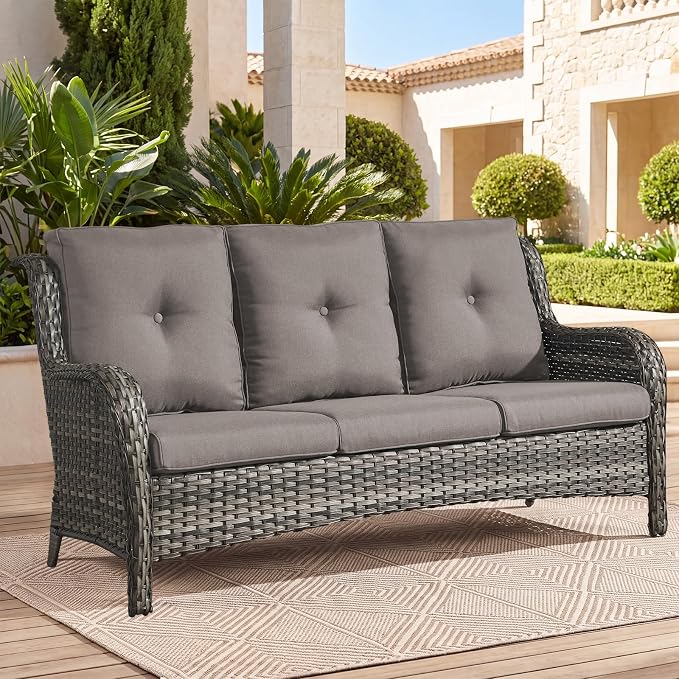 Belord Patio Sofa Luxury PE Wicker 3-Seater Outdoor Couch, Modern All-Weather High Back Deep Seat Woven Furniture Set for Porch, Deck, Balcony, Backyard - Grey/Grey