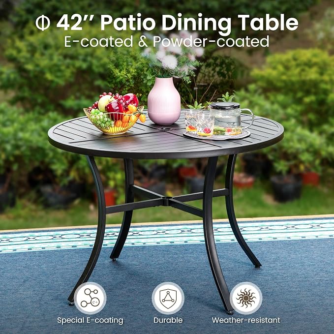 PHI VILLA 5pc Patio Dining Set with Umbrella, Round Table, Rattan Chairs | Includes 42" Round Metal Table, 4 Cushioned Rattan Chairs and 10ft Blue umbrella. Perfect for patio, deck, yard, or porch