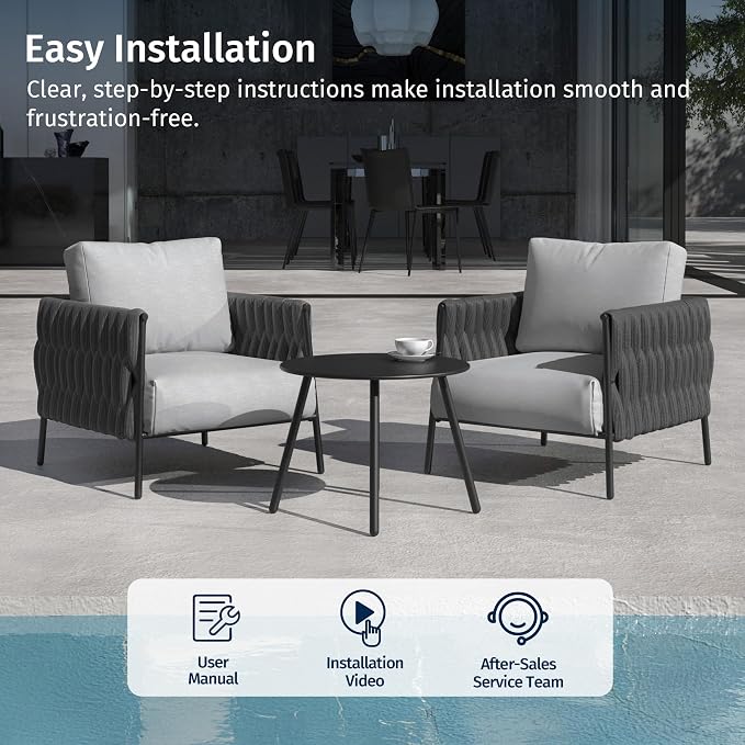 East Oak 3-Piece Patio Furniture Set | Armchairs & Coffee Table | Outdoor Furniture with Cushions | Deep Seating Modern Conversation Set | Garden, Porch, Balcony & Backyard | Misty Grey
