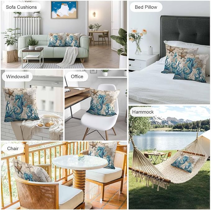 Nautical Coastal Outdoor Pillow Covers 26x26 Inch Throw Pillow Covers Set of 2 Waterproof Decorative Pillow Cases Retro Marine Life Seahorse Compass Map Beige Cushion Covers for Patio Furniture Garden