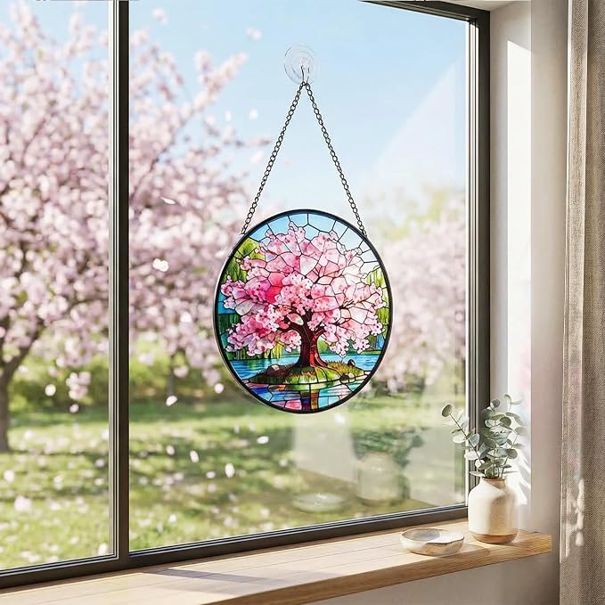 Stained Glass Window Hanging, Pink Cherry Blossom Tree Suncatcher 7.8 in Sun Catcher Boho Wall Art Decor with Chain Diamond Glass Panel Hangings Scenery Sun Catchers Decor for Lover Couple Mom