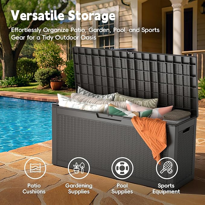 66 Gallon Outdoor Deck Box - Lockable Waterproof Storage Container, Resin Weatherproof Box for Patio Garden Furniture Pool Tools Cushions, Black