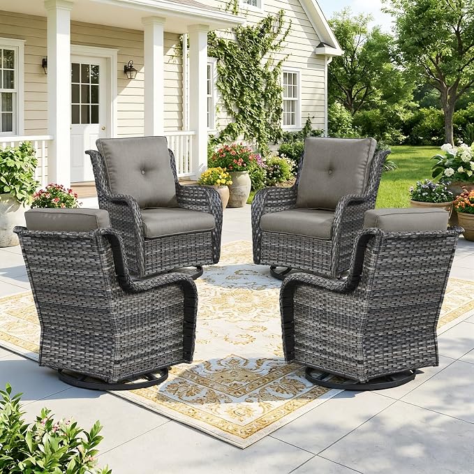 Wicker Patio Furniture Set- 4 Pieces Swivel Patio Chairs,PE Rattan Outdoor Rocking Chairs Porch Furniture for Garden Deck