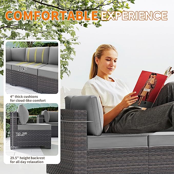 Gotland 7 Pieces Patio Furniture Set with 4’’ Thick Cushions, All-Weather PE Rattan Patio Set with 29.5'' High Backrest, Outdoor Furniture with Coffee Table for Porch Deck Garden Grey