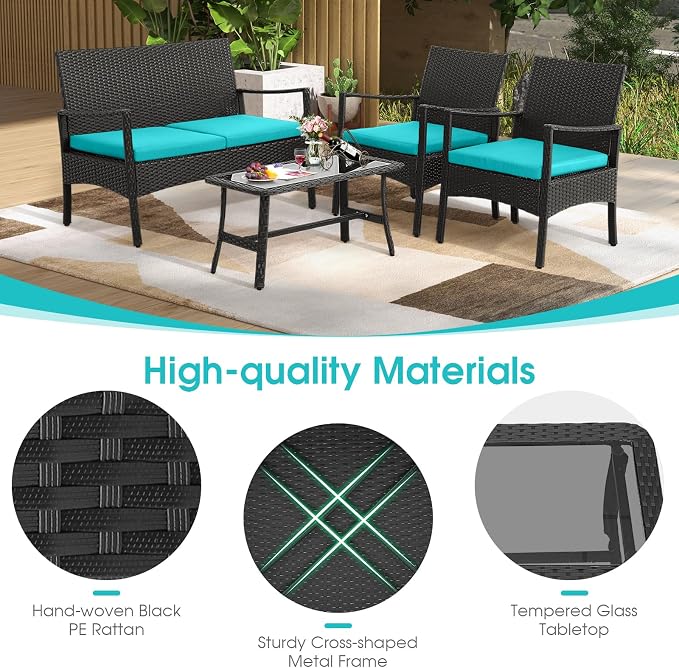 HAPPYGRILL 4 Pieces Patio Wicker Furniture Set PE Wicker Conversation Set, Rattan Sofa Chair with Cushions Tempered Glass Coffee Table, Outdoor Sectional Bistro Set for Poolside Backyard Lawn Garden