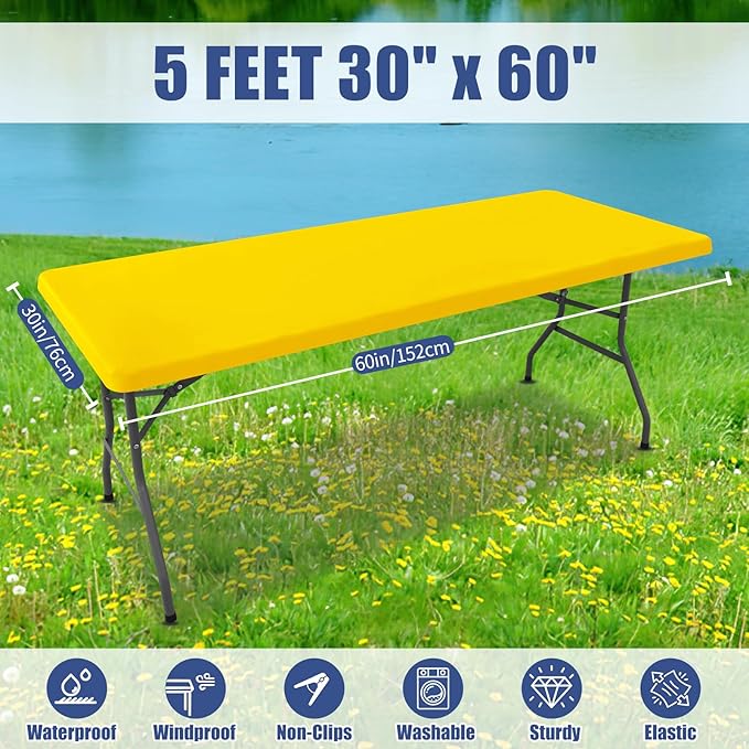 Moosfor Spandex 5 Foot Rectangle Table Cloth 2 Pack, Elastic Fitted Tablecloths for Picnic, Stretch Washable Patio Table Cover for Outdoor, Camping, Banquet and Parties (Yellow, 30"x60")