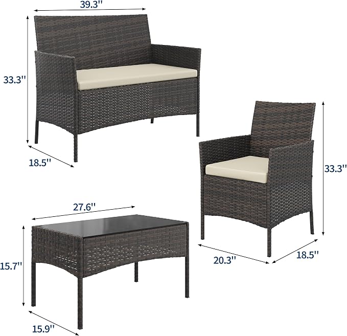 4-Piece Outdoor Furniture Set, PE Rattan Wicker Chairs with Soft Cushions & Tempered Glass Coffee Table - All-Weather Patio Set for Garden, Backyard, Porch, Poolside (Brown/Beige)