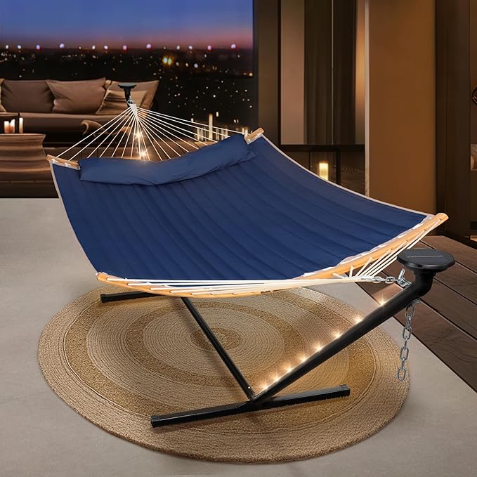SUNCREAT Double Outdoor Hammock with 12 ft Stand, Solar Powered Lights, Portable 2 Person Hammock with Stand, Dark Blue