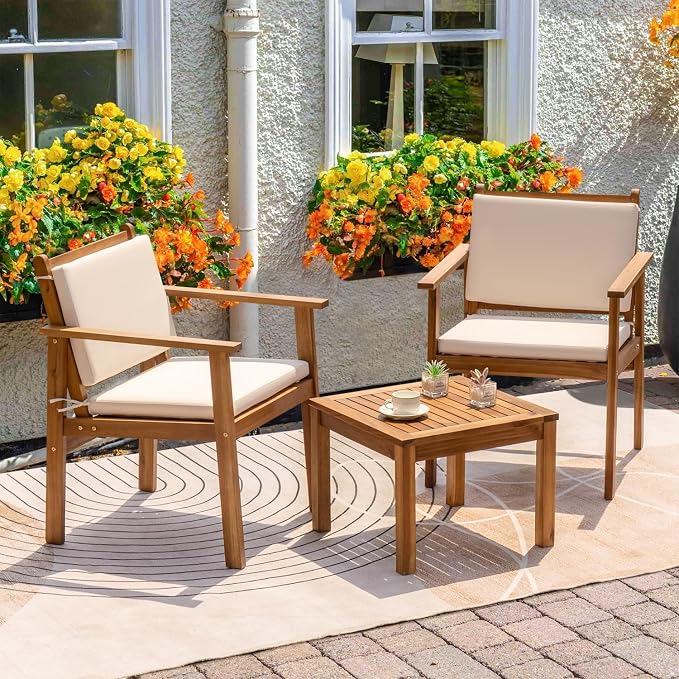 Greesum Outdoor Patio Furniture, 3 Piece Bistro Sofa Set with 1 Coffee Table and 2 Chairs, Acacia Wood Conversation Sets with Cushions, for Garden, Backyard, Poolside, White