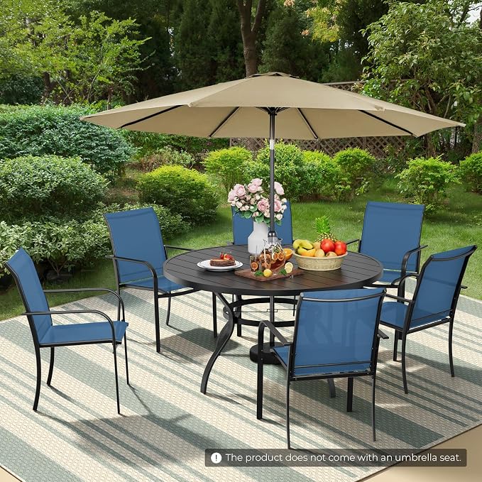 7-Piece Patio Dining Set with Umbrella,6 Person Outdoor Table and Chairs Set, 6 Metal Dining Chairs and Round Outdoor Table with 1.57" Umbrella Hole,Blue