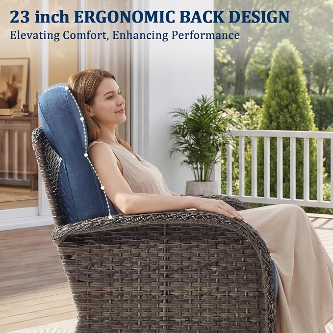 Outdoor Swivel Rocking Chair Patio Set (10pcs) High-Back - Thick Cushion Swivel Rocking Chair Patio Chairs Set, All-Weather Wicker Patio Furniture Set, Suitable for Balcony Patios, Brown/Blue