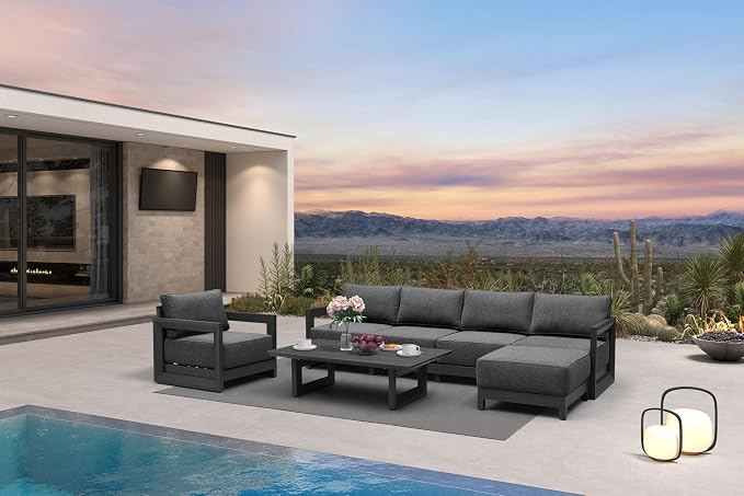 PURPLE LEAF Patio Furniture Set Open-End Outdoor Couch with 9.6" Thick Cushion and Soft Pillows 7 Piece Outdoor Sectional Sofas with Ottoman Modern Patio Conversation Sets for Yard Porch Deck, Grey
