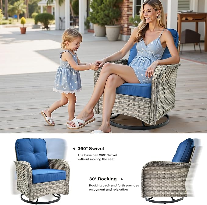 9 Pieces Outdoor Sectional Patio Furniture Set with 42" Fire Pit,Conversation Sets Rattan Wicker L Shaped Couch Swivel Rocking Chairs,Modular Outdoor Sofa for Porch Balcony Backyard Navy Blue