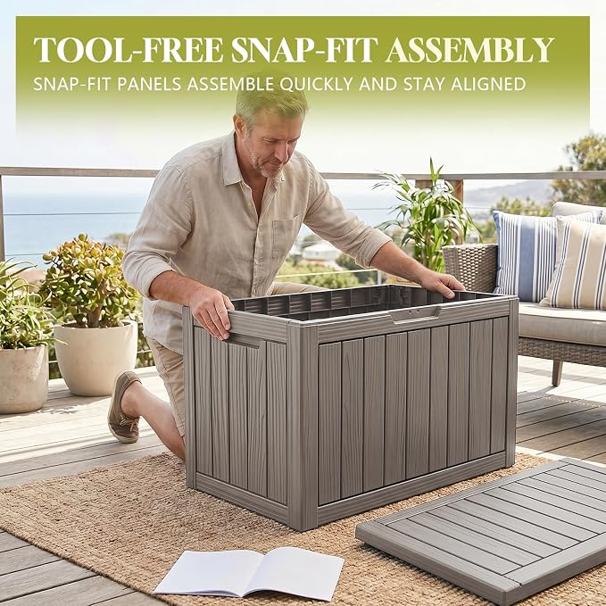 Waterproof Outdoor Storage Box Outside Deck Box Lockable Resin Bench UV Resistant Furniture Cushion Pool Tool Float Bin Patio Garden Porch (Grey, 50 Gallon)