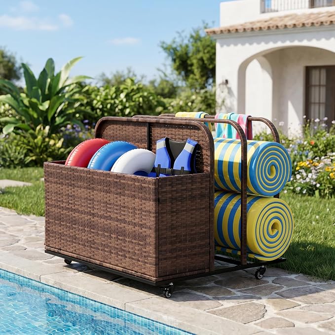 Rattan Outdoor Pool Float Storage Basket, Rolling Toy Caddy with Wheels, Patio Furniture Organizer Wicker Box Pool Storage Bin for Floaties, Noodles, Life Vests, Beach Balls