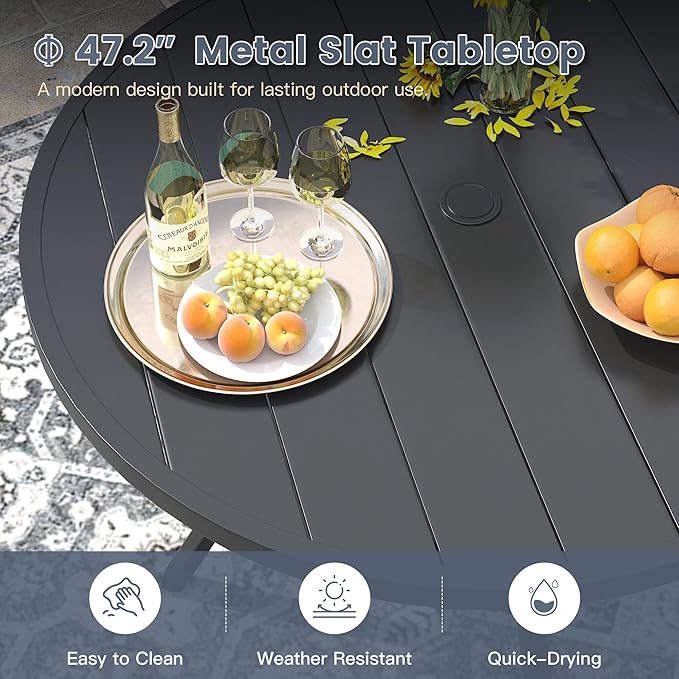 VICLLAX 7 Pieces Patio Outdoor Dining Set, 47.2" Round Metal Table with Umbrella Hole and 6 Stackable Textilene Chairs for Pergola, Lawn, Garden, Porch, Grey Chair