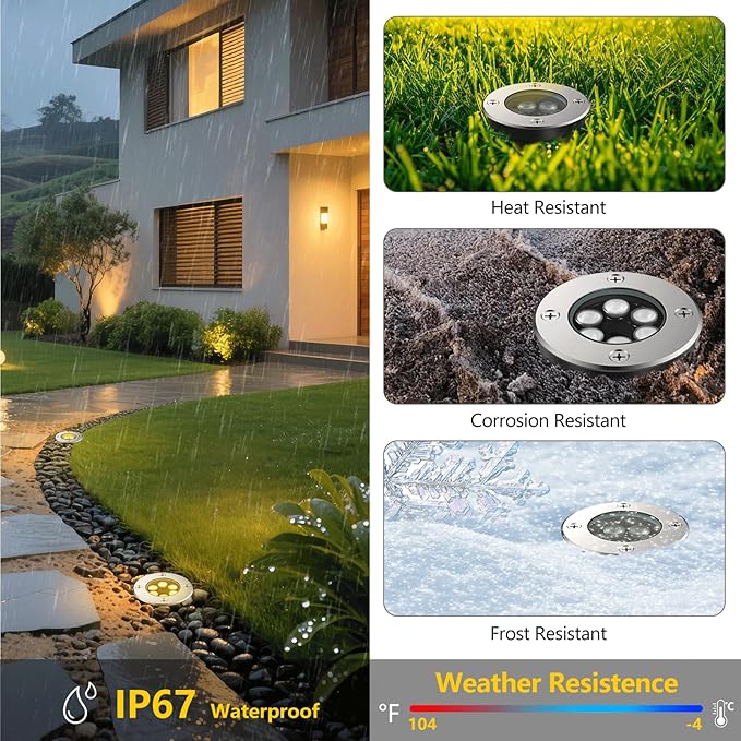 JESLED Outdoor Landscape Lights, Low Voltage In Ground Well Lights, 6 Pack | 3000K Warm White, 6W LED, 12V/24V, IP67 Waterproof, 5-Ton Pressure Resistant & 90° Beam for Driveway Decks Step Garden