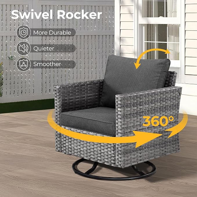 HOOOWOOO 8 Piece Patio Sectional Furniture Set with Swivel Rocking Chairs,Modern Wicker Outdoor Conversation Sofa Sets,Weather Resistant Modular L Shaped Outside Couch Set(Black)