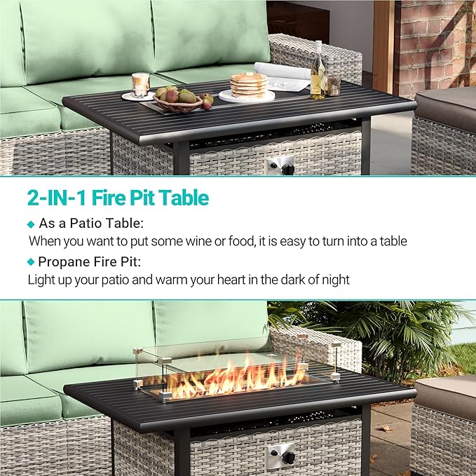 7Pcs Patio Rocking Swivel Chair with 55,000 BTU Fire Pit Table Outdoor Wicker Rattan Bistro Set with Tempered Glass Side Table, Outdoor Patio Furniture Set for Garden and Balcony, Light Green