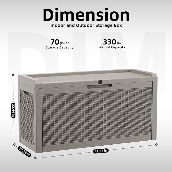 70 Gallon Outdoor Deck Box, Resin Waterproof Storage Box With Lockable Lid, UV-Resistant Multi-Purpose Outdoor Storage Bench for Patio Cushions, Garden Tools, Pool Accessories (70 Gallon, Grey)