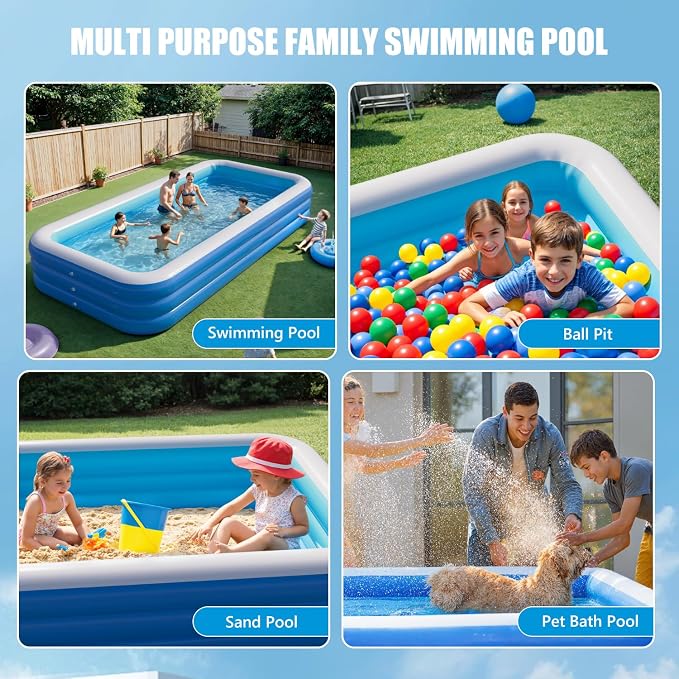 Inflatable Pool for Adults, 142" x 71" x 21" Blow Up Pools, Rectangular Family Swimming Pool