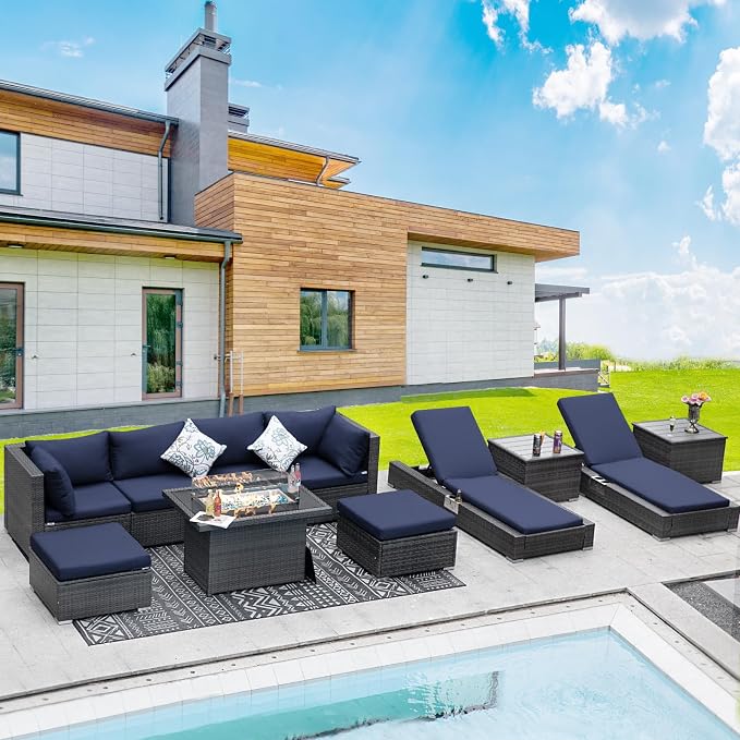 BULEXYARD 11 Piece Large High Back Grey Rattan Patio Furniture Sets with Firepit Table and Loungers, Comfortable Deep Wide Seat Outdoor Sectional Conversation Sofa, Gray Wicker and Navy Blue Cushion
