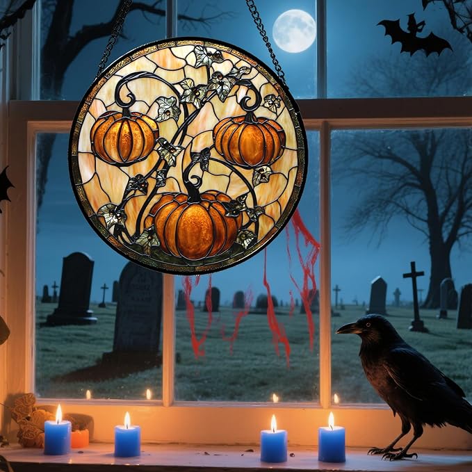 DASTOLL Stained Glass Window Hanging - Halloween Decoration Orange Pumpkin Vine Leaves Suncatcher for Door Garden Spooky Sun Catchers Gothic Decor Horror Gifts for Women Men Friend Boy Girl 11.8 in