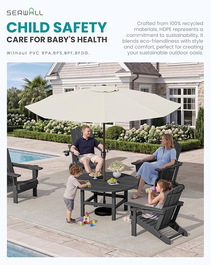 SERWALL 6-Piece Patio Set, 4 Folding Adirondack Chairs with Cup Holders, Round Table & Center Pole Umbrella, HDPE Plastic, Grey