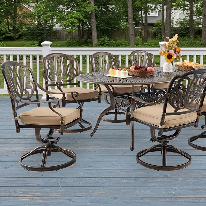 9-Pcs Cast Aluminum Patio Dining Set with 8 Swivel Chairs,Bronze | Outdoor Furniture Set Include 87" Oval Dining Table and 8 Swivel Chairs with Cushions & Umbrella Hole