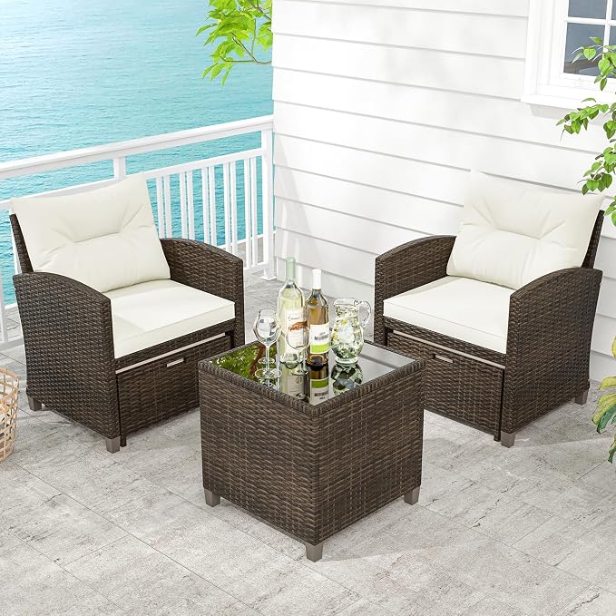 ORALNER 5 Pieces Patio Furniture Set with Ottoman, Wicker Conversation Set w/Cushions, Glass Coffee Table, Outdoor Rattan Lounger Chairs Bistro Set for Porch Balcony Garden Deck Poolside (Cream White)