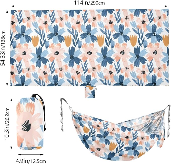 Camping Hammock Outdoor Hammocks for Outside Abstract Flowers Pink Blue Beach Trees Portable Lightweight with Pockets Tree Straps Indoor Small