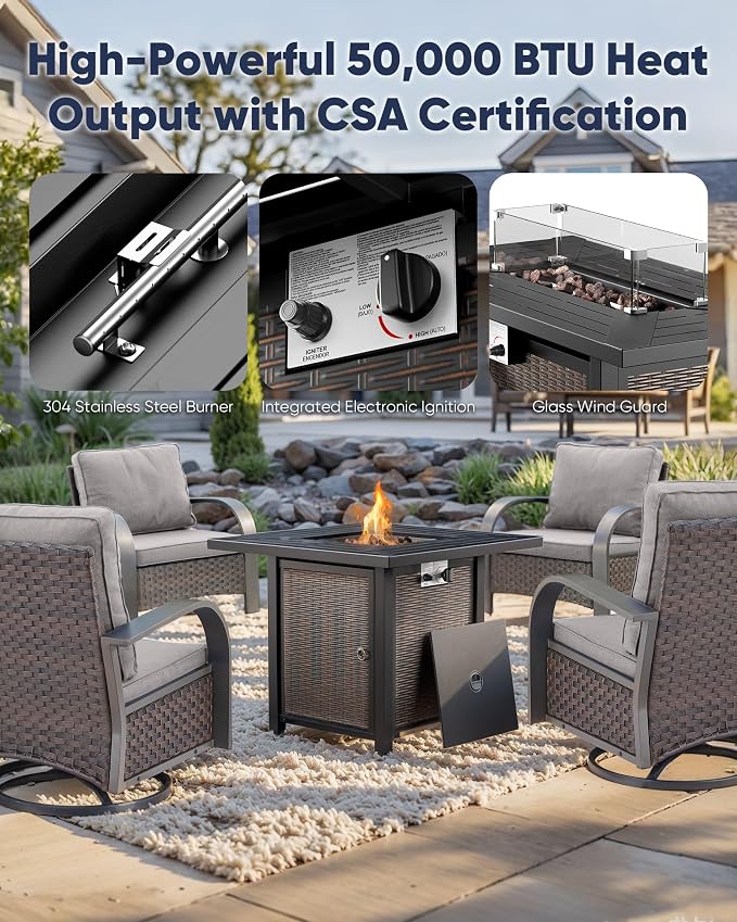 HUMMUH Outdoor Furniture with Fire Pit -Patio Table and Chairs Set of 4 Swivel Patio Chairs for Deck Porch Garden Poolside Backyard-Brown/Grey
