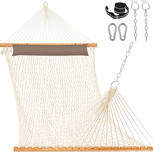 Lazy Daze Hammocks 12FT Double Rope Hammocks, 2 Person Hand Woven Cotton Hammock with Pillow and Spreader Bar for Outside, Patio, Poolside, FIT 13-15 Ft Stand, Max 450 Lbs, Natural, 141 x 57 inches