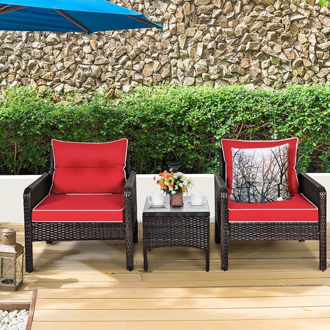 KOTEK 3 Piece Patio Furniture Set, Outdoor Wicker Conversation Bistro Set with 4 Cushions, All Weather PE Rattan Furniture Set for Garden, Backyard, Porch, Poolside (Red)