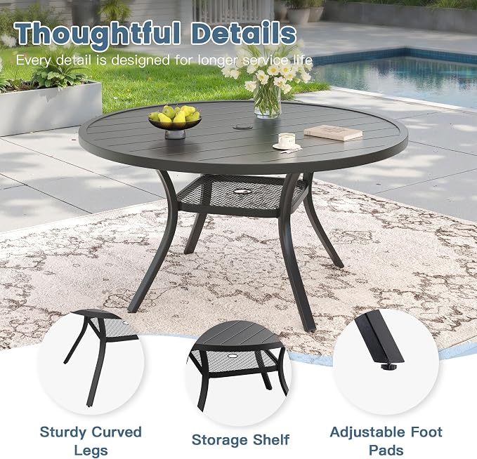 DIFY 5 Pieces Outdoor Dining Set for 4, 47.2" Black Round Metal Table with Umbrella Hole and Dark Grey Textilene Swivel Patio Chairs, Patio Table and Chairs Set for Garden, Backyard, Poolside