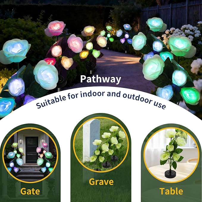 Solar Flowers Lights- Solar Garden Lights Outdoor Waterproof White Rose, 40 Hours Color Changing Solar Powered Outdoor Decor Yard Patio Pathway Lawn, Gift for Mom, 2pcs
