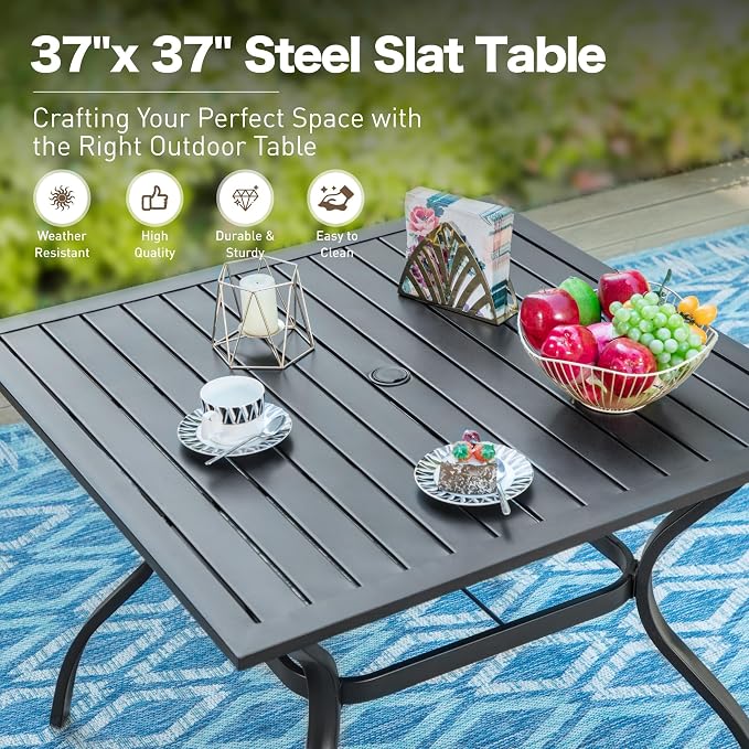 SUNSHINE VALLEY Patio Dining Set for 4, 37”Square Table with Umbrella Hole, 4 Metal Blue Chairs, Outdoor Table and Chairs for Lawn Backyard and Deck