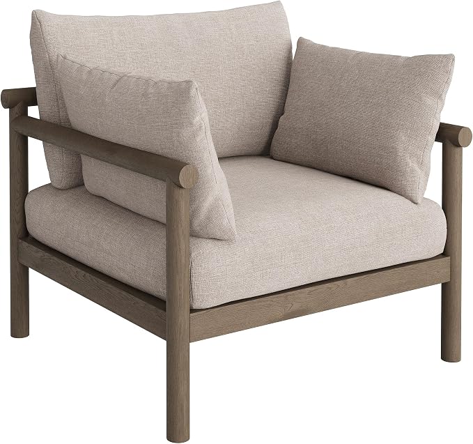 Modway Eleni 5-Piece Outdoor Teak Wood Patio Furniture Set in Weathered Gray Pebble – Backyard Conversation Set with Loveseat, 2 Armchairs, Side Table, and Coffee Table