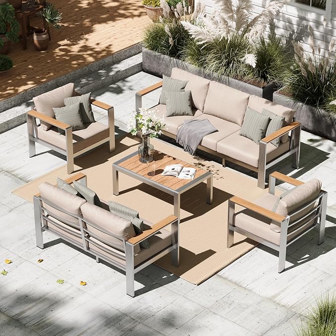 Aluminum Outdoor Patio Furniture Set with Coffee Table, 5 Piece Outdoor Conversation Sets with Washable Thick Cushions, Patio Sectional Furniture Set for Porch, Lawn, Garden, Silver
