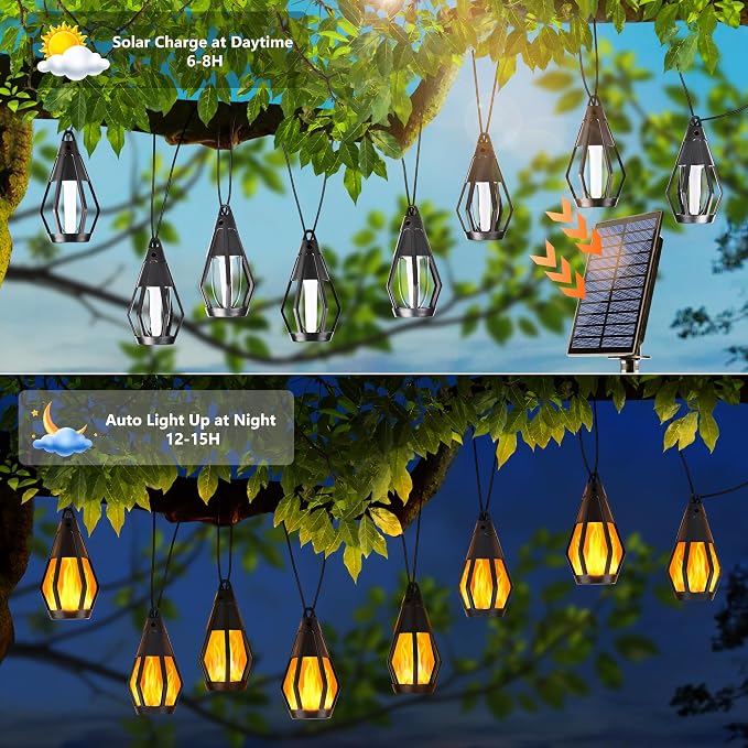 Solar String Lights for Outside, 44Ft Solar Patio Light with 20 Flickering Flame Light Bulbs, Waterproof Warm White Solar Powered Outdoor Lights for Garden Yard Patio Gazebo Bistro Cafe Party Decor