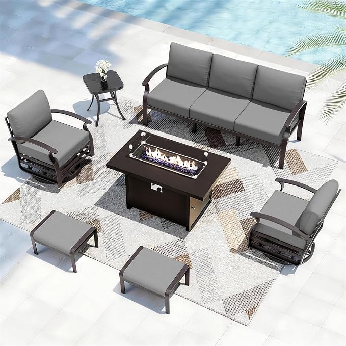 7 seat Patio Sectional Sofas Grey Aluminum Patio Furniture Set Metal Outdoor Furniture with Propane Fire Pit Table Swivel Chairs Ottomans for Porch Backyard Poolside