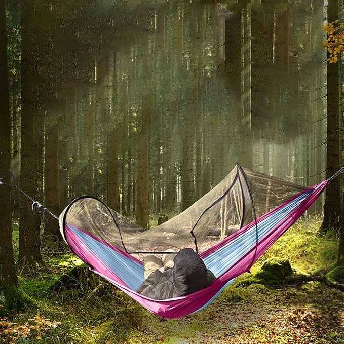 Camping Hammock with Net, Light and Durable Hammock for 2 People with Tree Strap and Carabiner Portable Pop Up Hammock for Outdoor Hiking