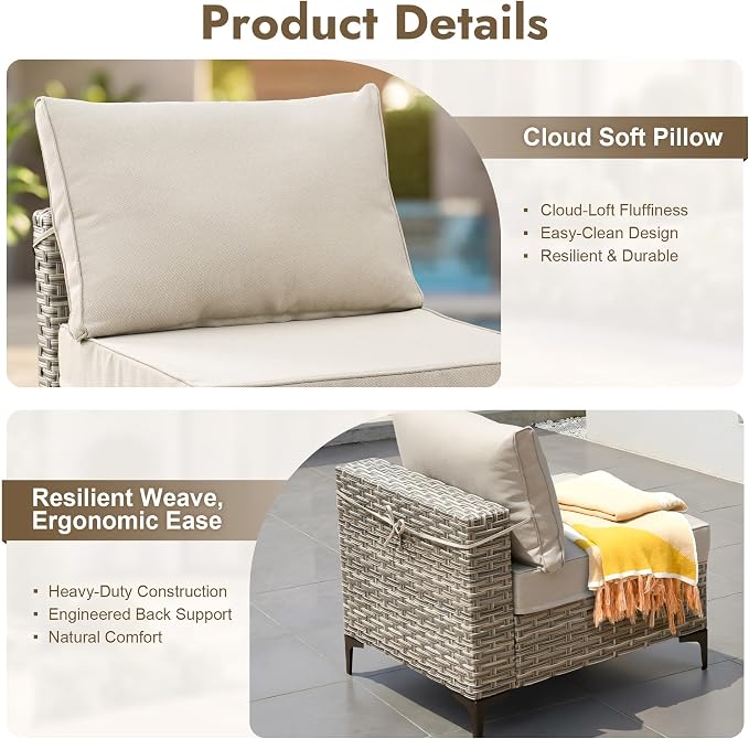8 Pieces Patio Furniture Set with 42" Fire Pit, All-Weather Rattan Outdoor Sectional Conversation Sets L Shaped Sofas with Solar Light Coffee Table for Porch Balcony Backyard Beige