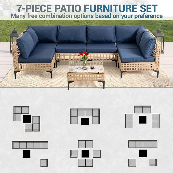 7-Piece Patio Furniture Set, All Weather Wicker Outdoor Sectional Conversation Sofa w/Thick Cushions & Glass Table for Lawn Poolside Backyard Porch, Blue