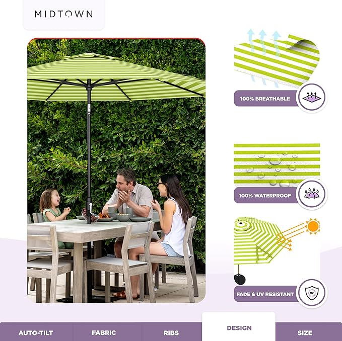 The Swilt 10 Feet Outdoor Umbrella With Terylast Pear Stripes (Green/White) Polyester Fabric - Fiberglass Ribs, Auto-Tilt And Swivel Aluminum Frame Patio Umbrella For Deck, Garden, Pool - Black Pole