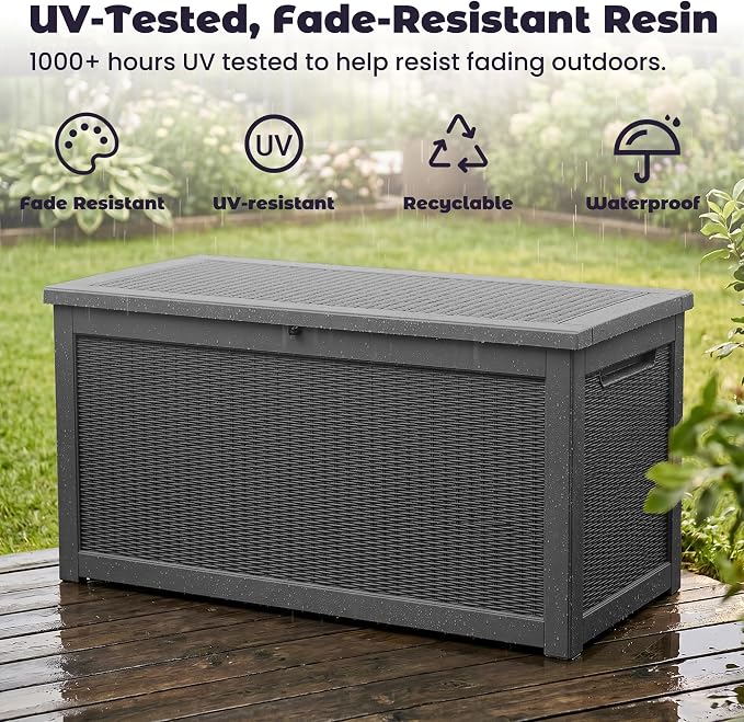 PatioZen 330 Gallon Outdoor Storage Box, Heavy Duty Resin Large Deck Box Organization for Garden Tools & Pool Accessories, Hydraulic Lift, All-Season UV-Resistant, Black