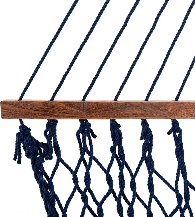 Nags Head Hammocks First Mate Navy DuraCord Rope Hammock – 12 ft. x 50 in., 450 lb Capacity, Cumaru Spreader Bar, Galvanized Hardware, Handcrafted in USA, Free Chains & Tree Hooks