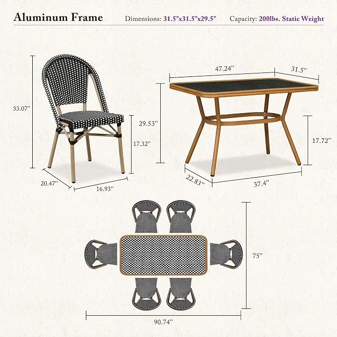 PURPLE LEAF 7-Piece French Bistro Dining Set Rectangle Outdoor Patio Table and 6 Armless Chairs Tempered Glass Top PE Rattan Champagne Print Finish Aluminum Frame Black