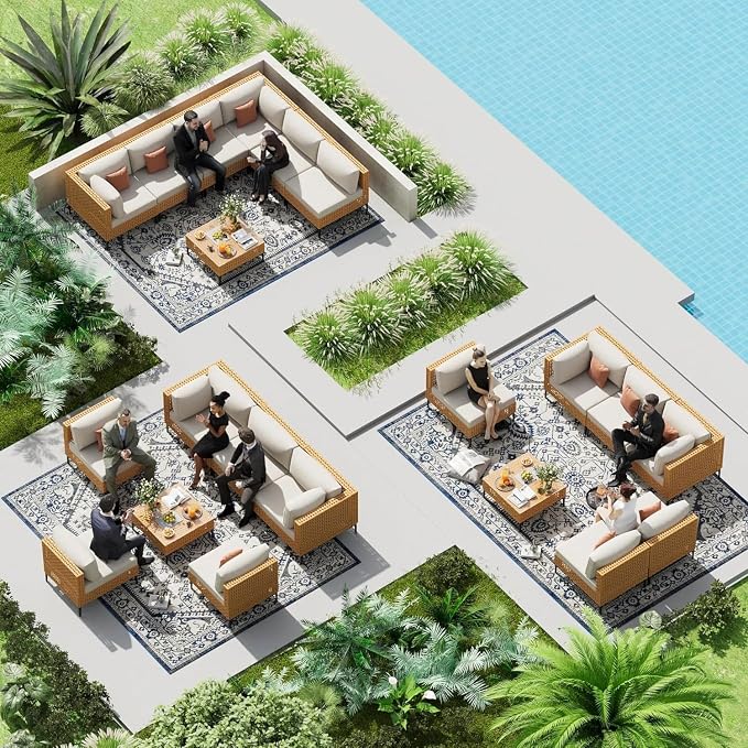 Restland 7 Piece Patio Furniture Wicker Modular Design Outdoor Sectional with Thick Cushion Large Patio Set Modern Boho Outdoor Conversation Set for Backyard, Porch