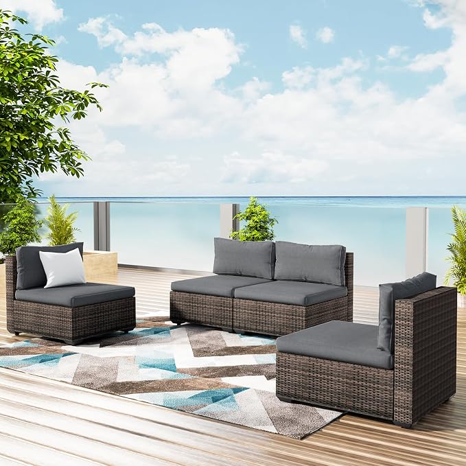5 Piece Patio Furniture Set with 44" Fire Pit Table, Outdoor Sectional Couch, PE Rattan Patio Conversation Sets with 4inch Cushions for Backyard Grey